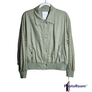 Avec les Filles Embroidered Sleeve Bomber Jacket Size Medium Green Sea Grass NWT